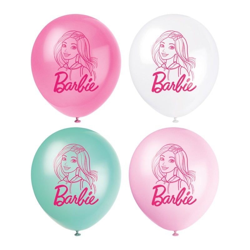 barbie assorted color 12in latex balloon 8ct- no helium-4.49 Barbie latex balloons - Image 1