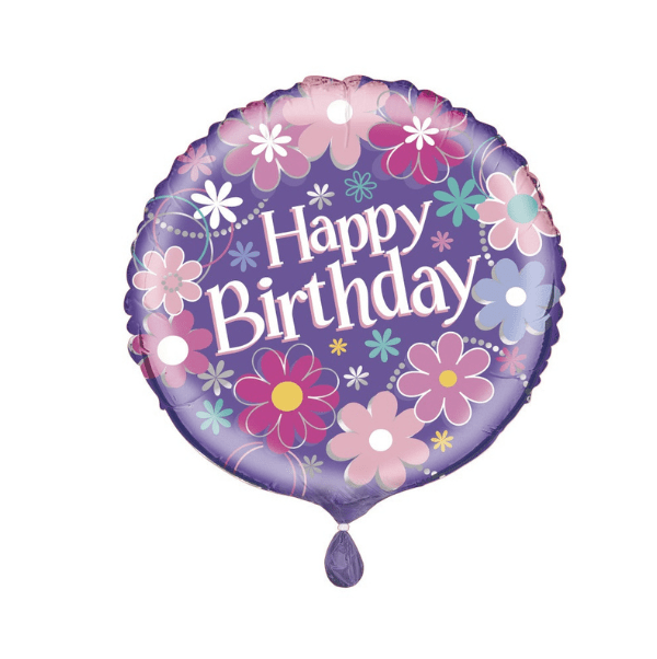 Floral purple and pink round foil balloon 18inch_$1.99 Floral birthday foil balloon 18" - Image 1