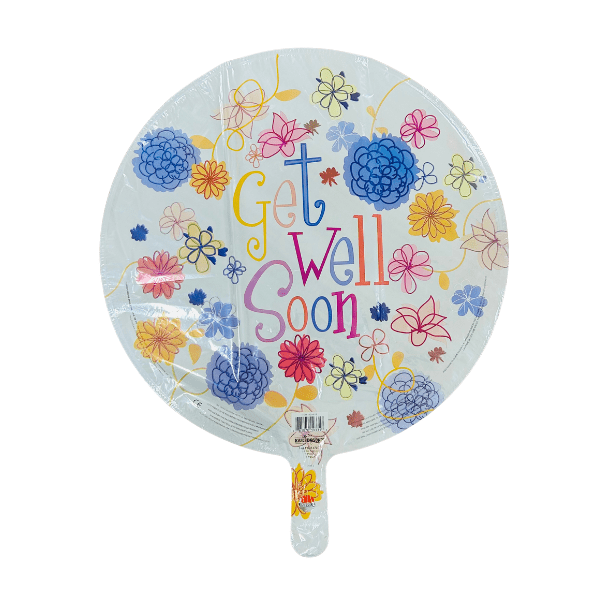 Get well soon floral white round foil balloon 18inch_$2.99 Floral get well soon foil balloon 18" - Image 1