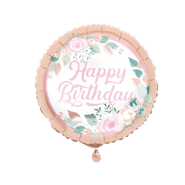 Happy birthday floral pink round foil balloon 18inch_$4.99 Floral pink birthday balloon 18" - Image 1