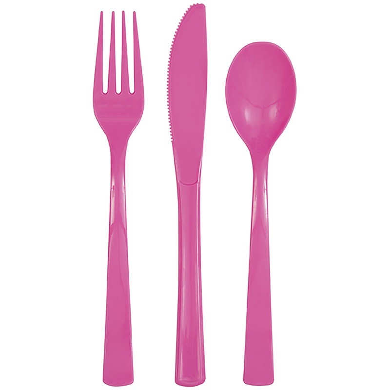 Hot pink plastic fork, knife, and spoon 18ct Plastic cutlery 18ct. - Image 1
