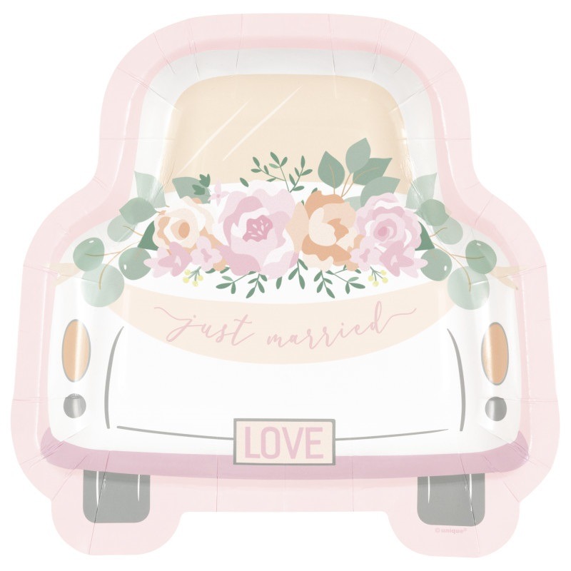 Just married car shape 8in pink plate 8ct. Car shaped plate - Image 1