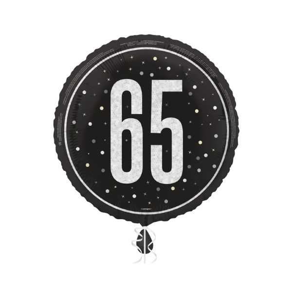 No.65 black and silver round foil balloon 18inch_$4.99 65 number black birthday foil balloon 18" - Image 1