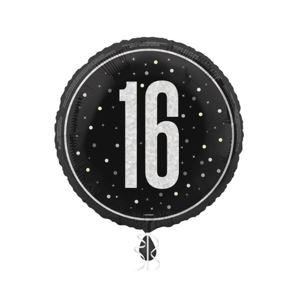 No16 black and silver round foil balloon 18inch_$4.99 16 number birthday balloon 18" - Image 1