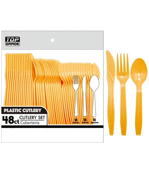 Orange plastic fork, knife, and spoon 48ct Plastic cutlery set 48ct. - Image 1
