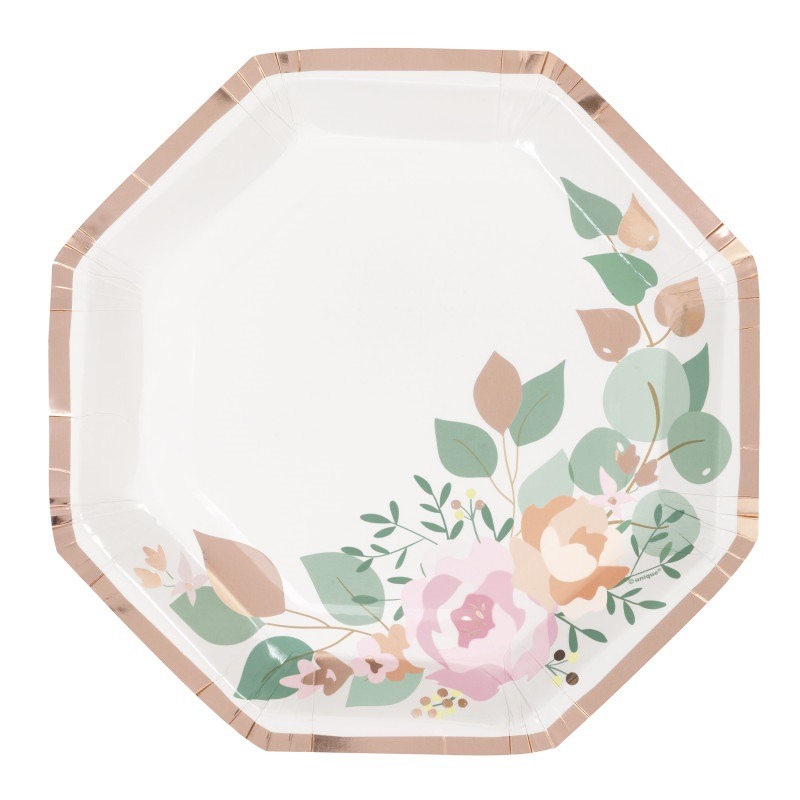 Pink blooms octagon shaped 9in plate 8ct Octagon shaped paper plate - Image 1