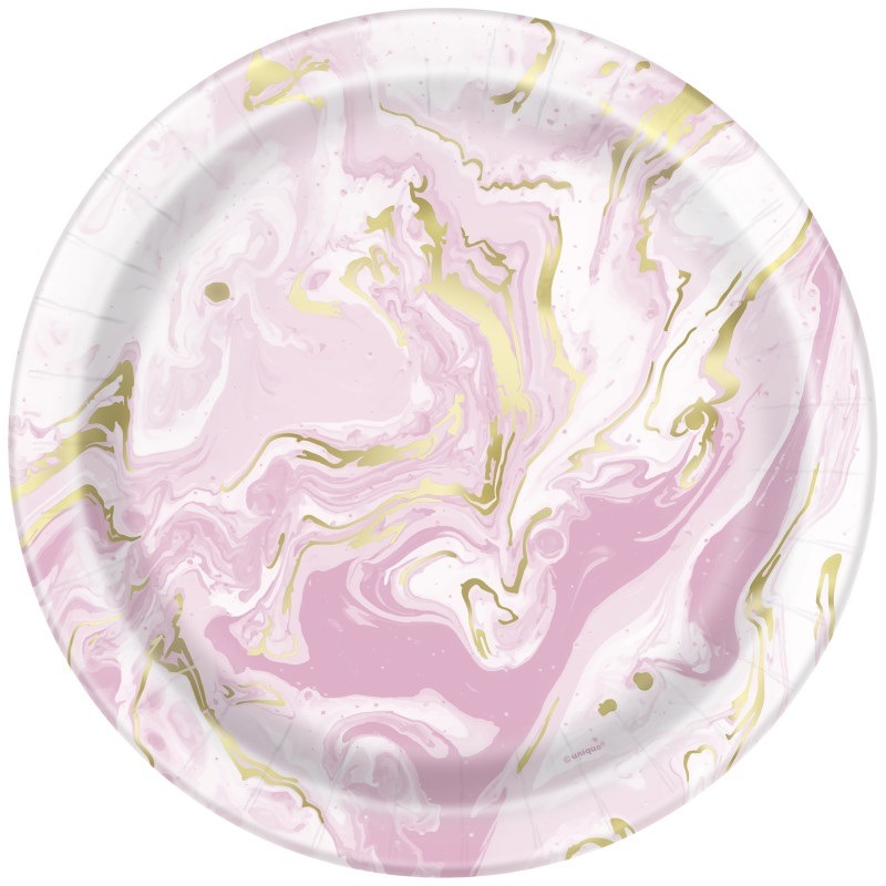 Pink marble round 7in plate 8ct. Pink marble paper plate - Image 1