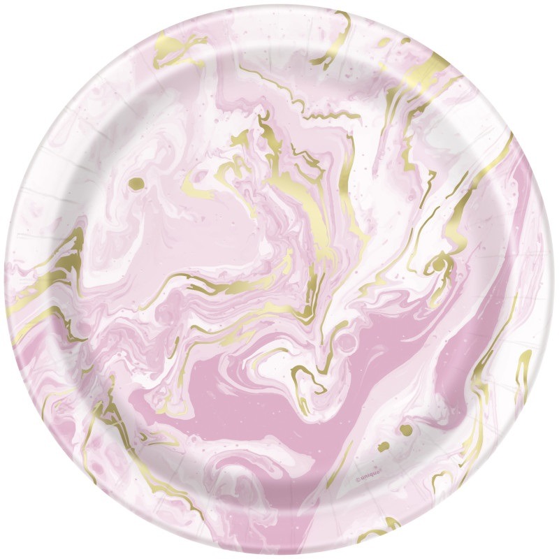 Pink marble round 9in plate 8ct. Pink marble paper plate - Image 1