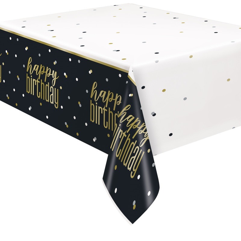 Plastic table cover happy birthday balck and gold 54in X 84in3.99 Table cover black and gold - Image 1