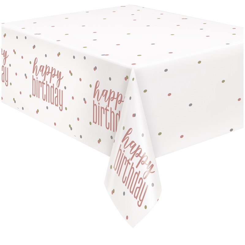 Plastic table cover happy birthday rose gold 54in X 84in4.99 Table cover rose gold and white - Image 1