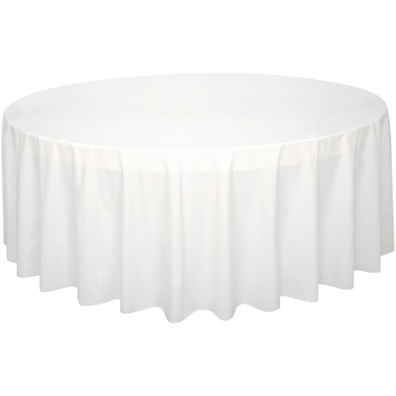 Round plastic table cover white 84in dia. Round white table cover 84" - Image 1