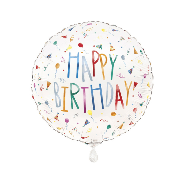 Triangle colorful happy birthday round foil balloon 18inch_$1.99 White birthday foil balloon 18" - Image 1