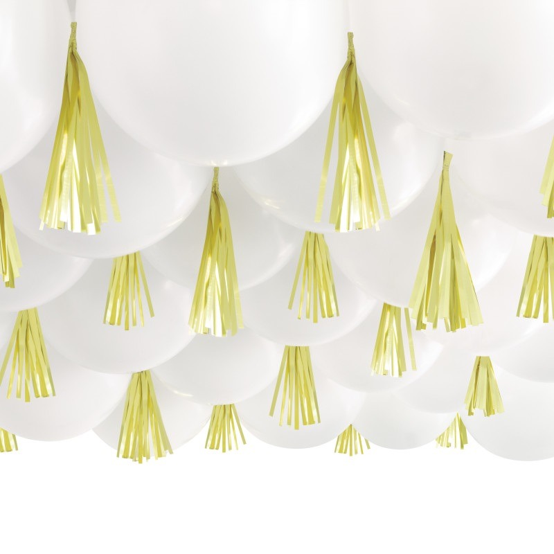 White latex balloon 30ct 12inch, gold tassel 30ct., and adhesive dots 40ct.- balloon ceiling kit11.99 White latex balloon and gold tassel ceiling kit - Image 1